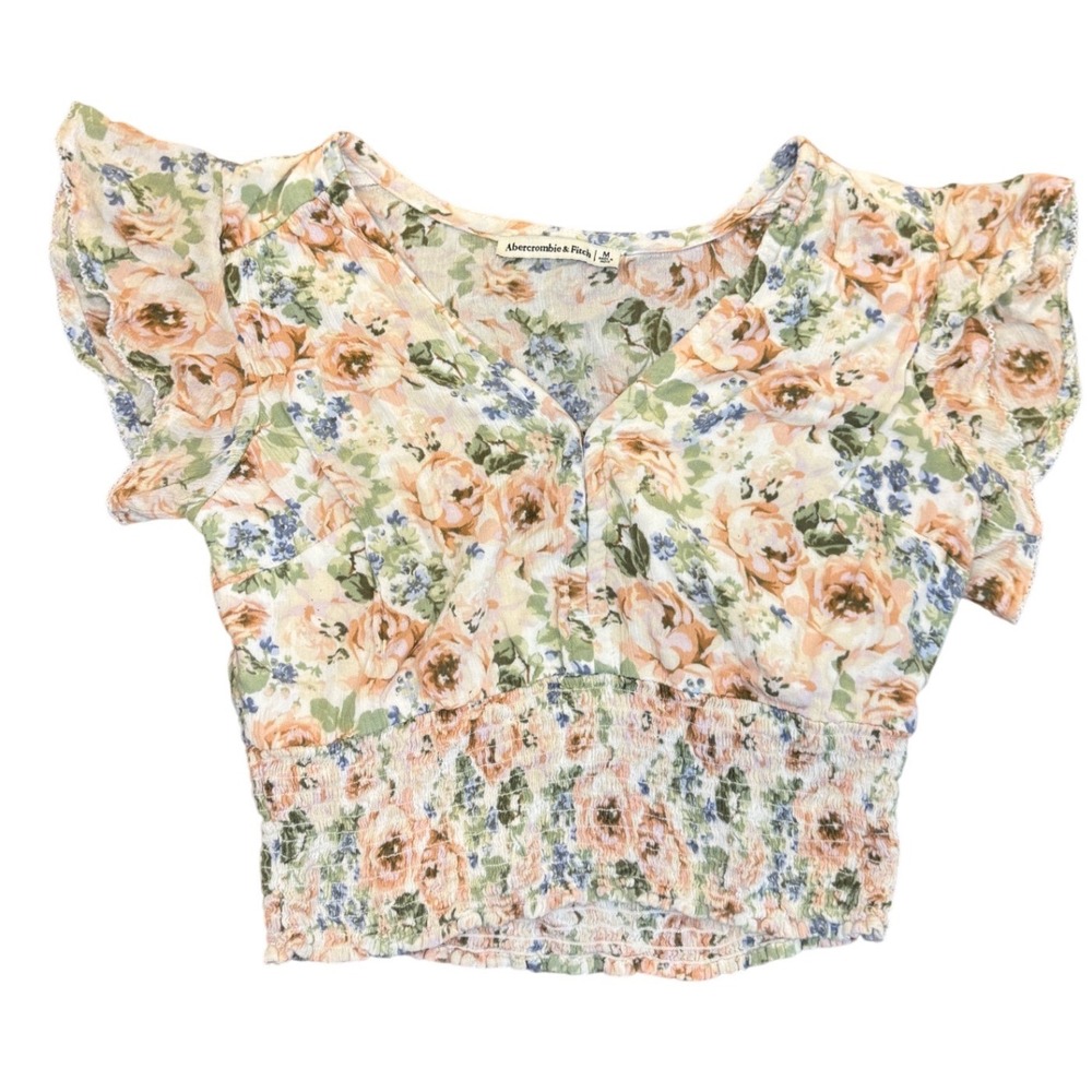 Abercrombie & Fitch Floral Smocked Crop Top Flutter Sleeve V-Neck Medium Y2K